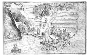 Représentation de l’attaque de Port-Fortuné du 15 octobre 1606 extraite des Voyages de 1613 de Champlain