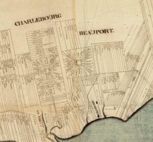 Carte du gouvernement de Québec levée en l’année 1709 par les ordres de Monseigneur le comte de Pontchartrain, commandeur des ordres du Roy ministre et secrétaire d’État, par le sieur de Catalogne, lieutenant des troupes, et dressée par Jean-Baptiste de Couagne. Bibliothèque nationale de France, département Cartes et plans, GE SH 18 PF 127 DIV 2 P 2.